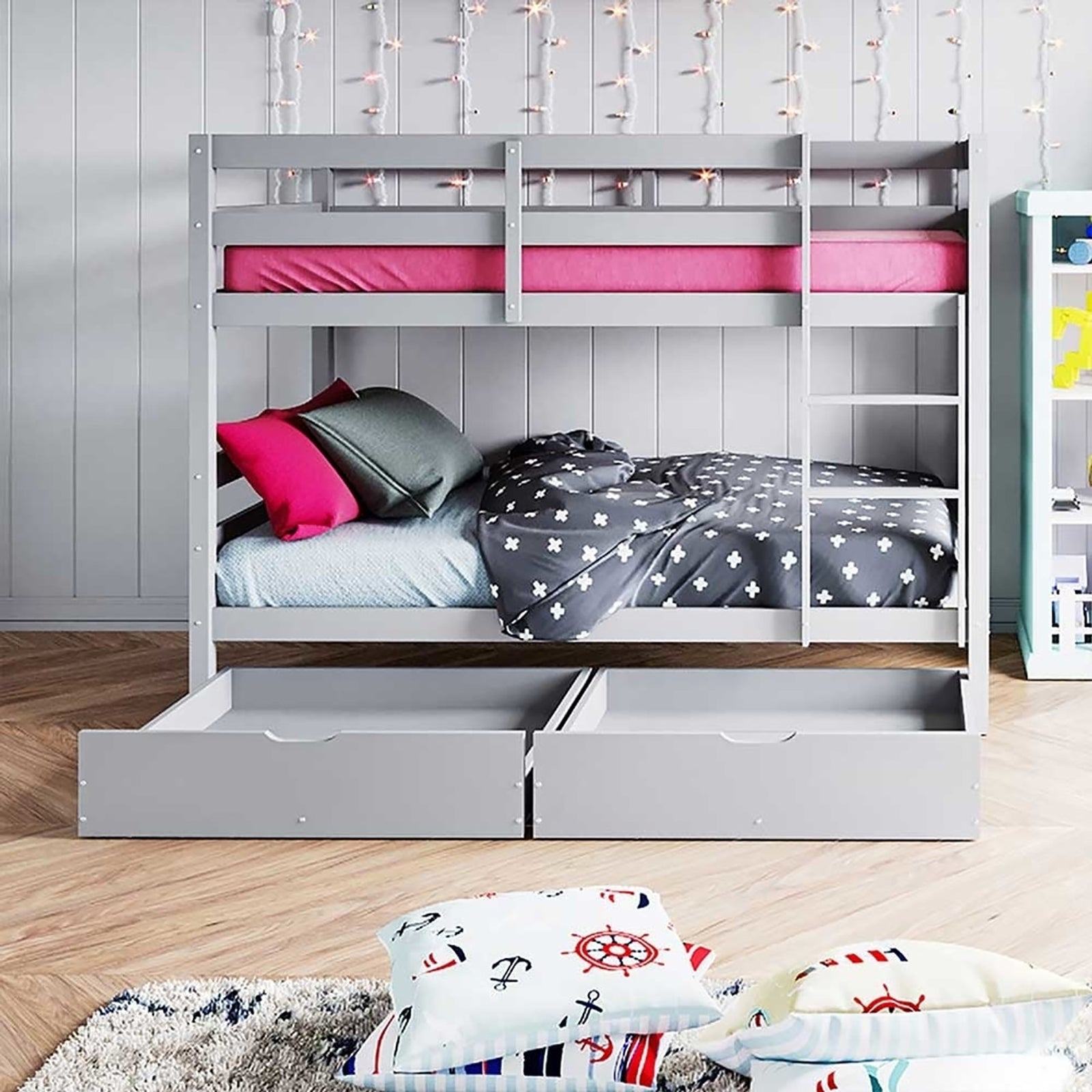 Single Solid Pine Under Bed Twin Storage Drawers in Grey, shown under a bunk bed, feature sleek pull-out design for practical storage, enhancing bedroom organization with elegance and functionality.