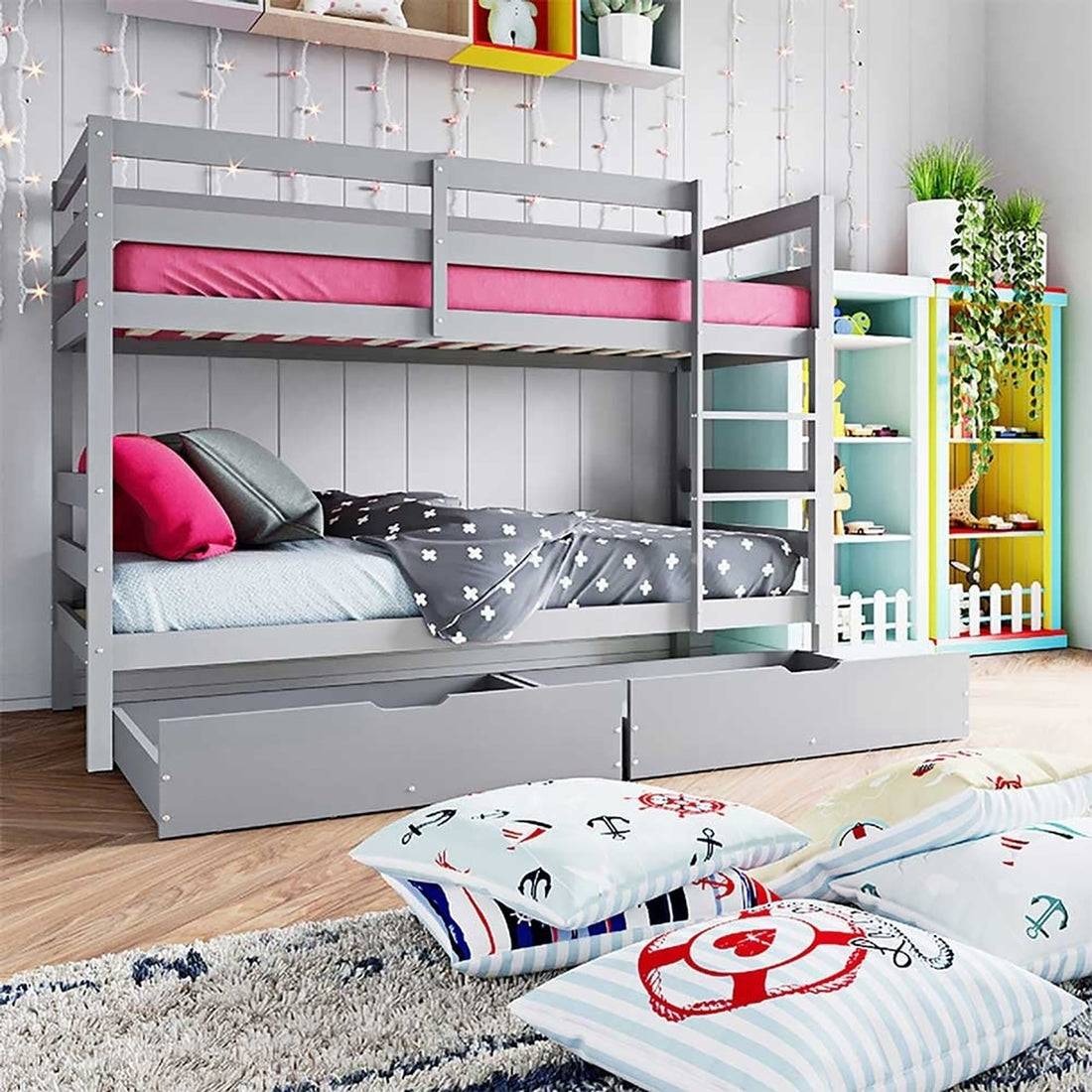 Single Solid Pine Under Bed Twin Storage Drawers in Grey, beneath a gray wooden bunk bed with top pink mattress, featuring pull-out design and sturdy build for organized bedroom storage.