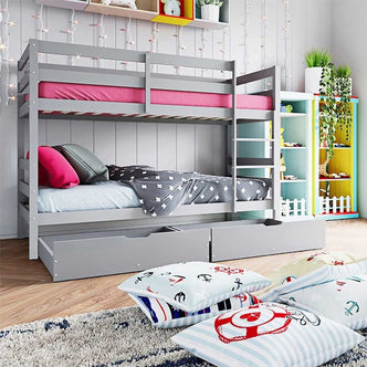 Single Solid Pine Under Bed Twin Storage Drawers in Grey, beneath a gray wooden bunk bed with top pink mattress, featuring pull-out design and sturdy build for organized bedroom storage.