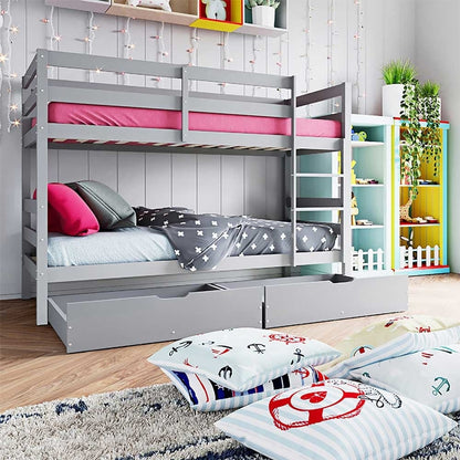 Single Solid Pine Under Bed Twin Storage Drawers in Grey, beneath a gray wooden bunk bed with top pink mattress, featuring pull-out design and sturdy build for organized bedroom storage.