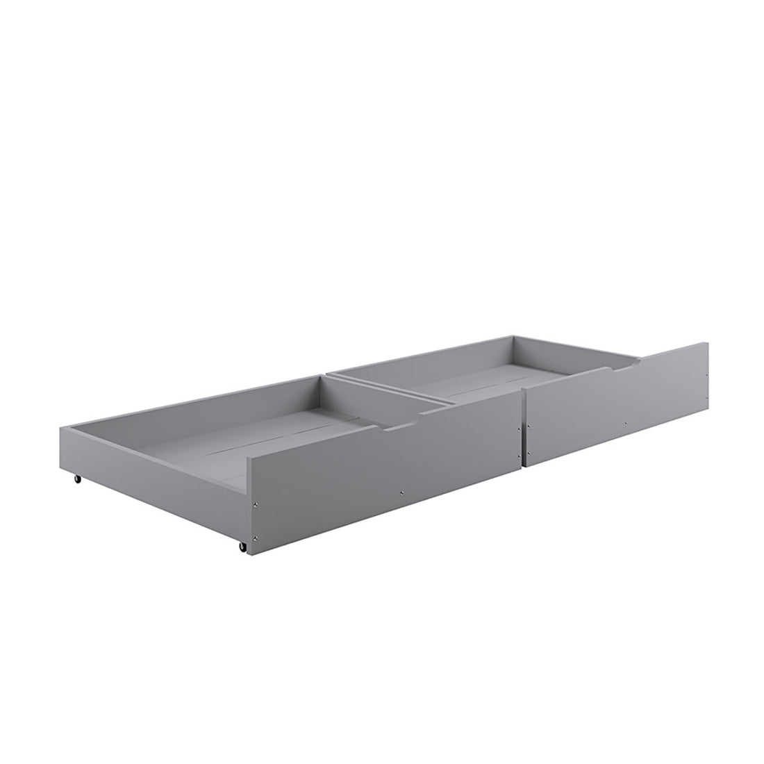 Single Solid Pine Under Bed Twin Storage Drawers in Grey, featuring low-profile, wheeled design for discreet storage. Crafted from wood composite, ideal for organizing linens, toys, and books in a stylish, organized bedroom.