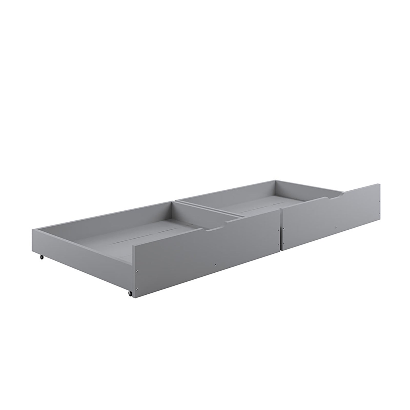Single Solid Pine Under Bed Twin Storage Drawers in Grey, featuring low-profile, wheeled design for discreet storage. Crafted from wood composite, ideal for organizing linens, toys, and books in a stylish, organized bedroom.