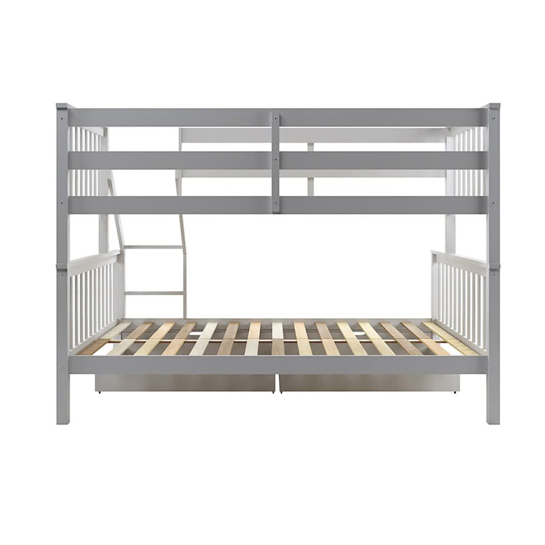 Single Solid Pine Under Bed Twin Storage Drawers in Grey under a white wooden bunk-bed frame, featuring a full-size lower bed and a smaller upper bunk with a built-in ladder and guardrails.