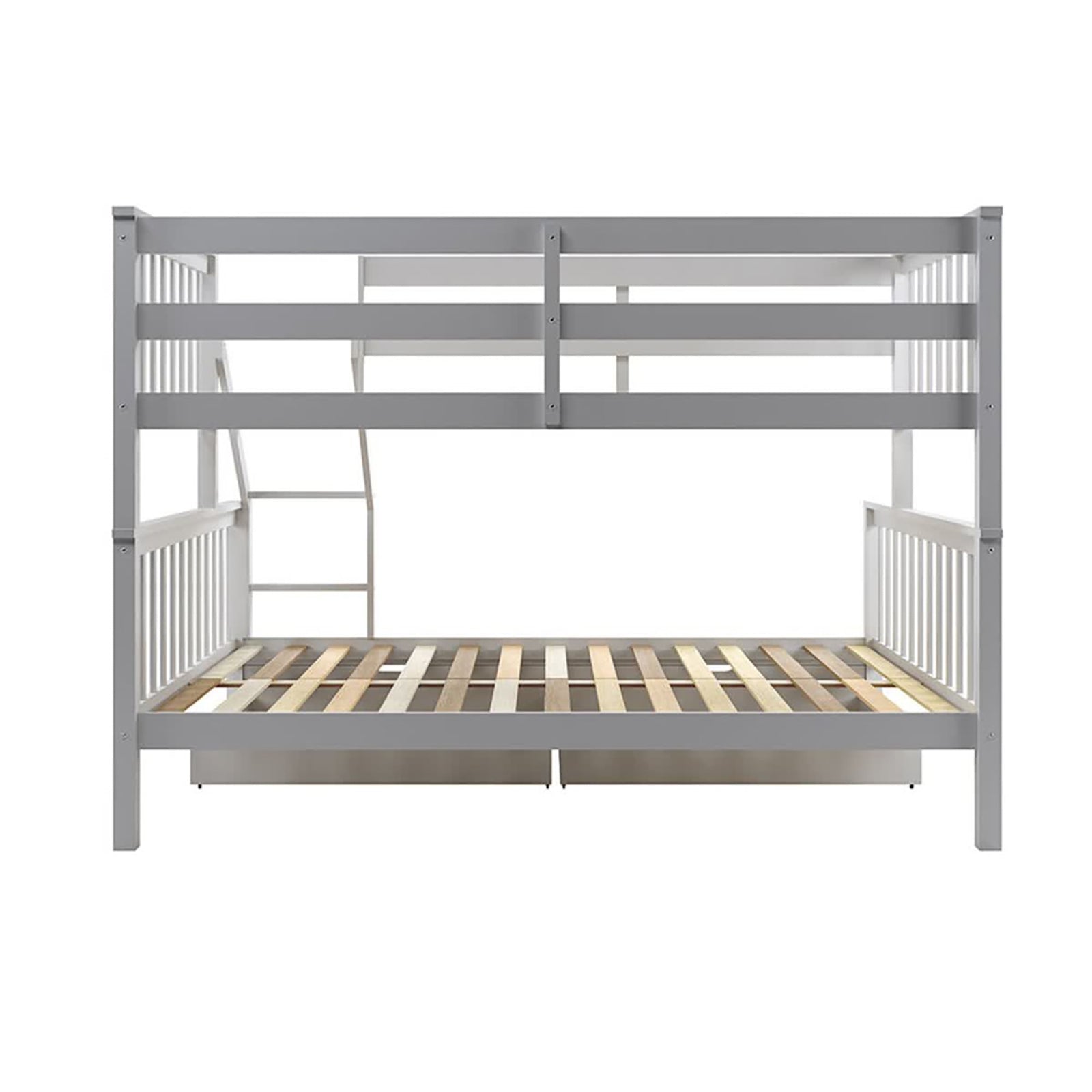 Single Solid Pine Under Bed Twin Storage Drawers in Grey under a white wooden bunk-bed frame, featuring a full-size lower bed and a smaller upper bunk with a built-in ladder and guardrails.
