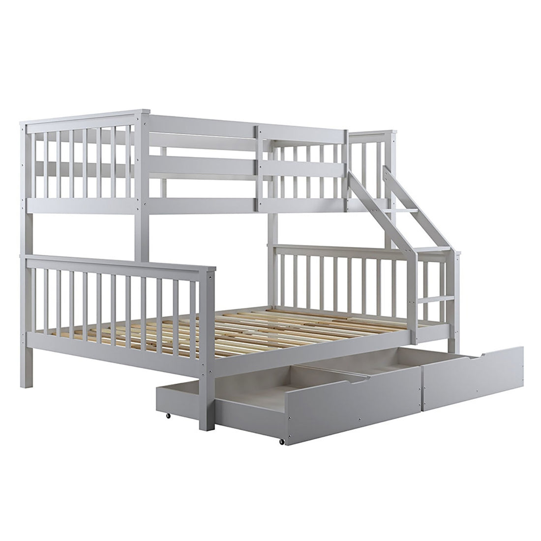 White wooden bunk-bed frame with twin top bunk, full-size bottom bunk, and side ladder. Features two pull-out storage drawers below, named Single Solid Pine Under Bed Twin Storage Drawers in Grey.
