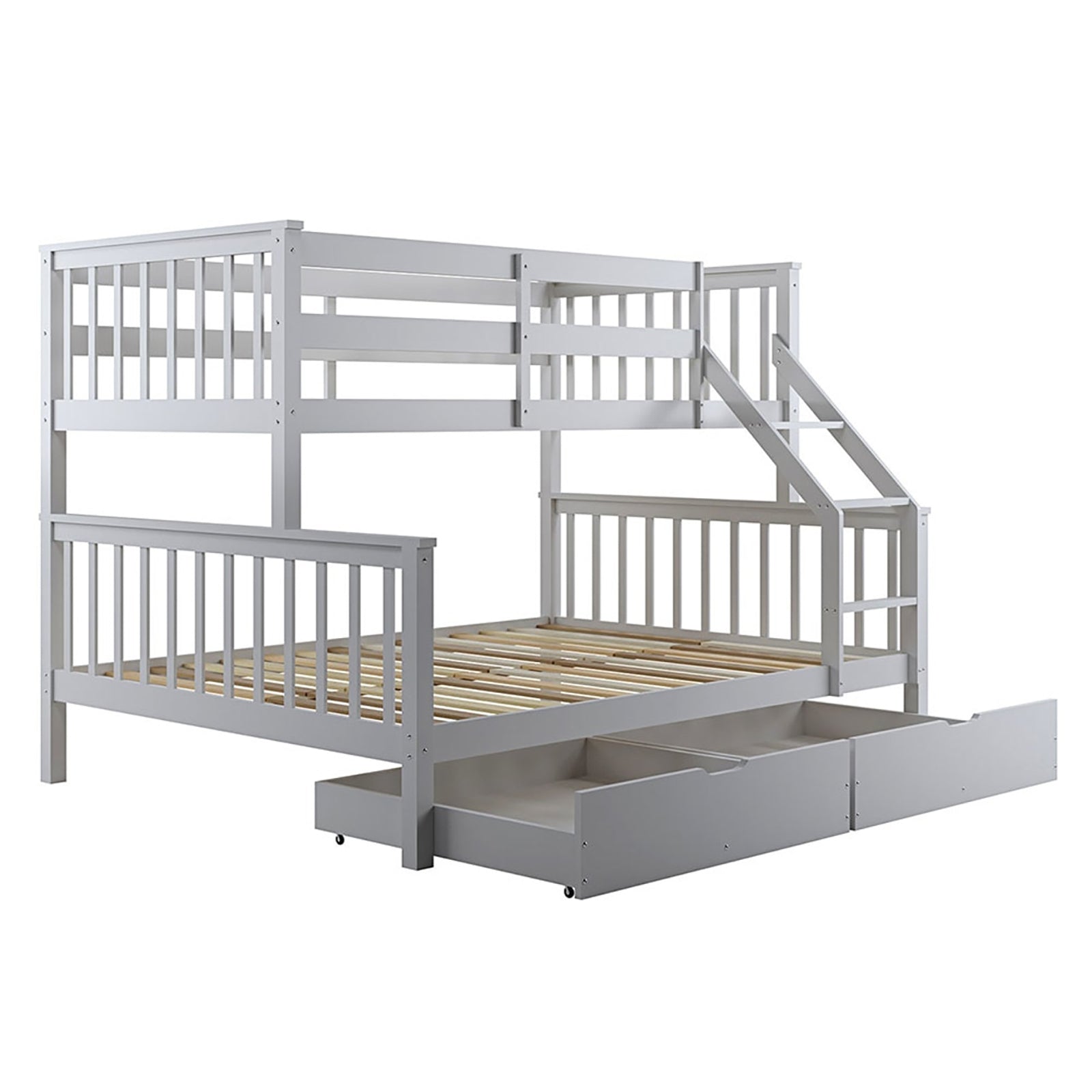 White wooden bunk-bed frame with twin top bunk, full-size bottom bunk, and side ladder. Features two pull-out storage drawers below, named Single Solid Pine Under Bed Twin Storage Drawers in Grey.
