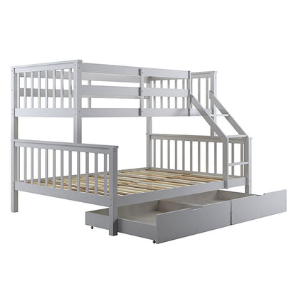 White wooden bunk-bed frame with twin top bunk, full-size bottom bunk, and side ladder. Features two pull-out storage drawers below, named Single Solid Pine Under Bed Twin Storage Drawers in Grey.