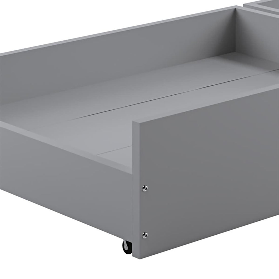 Single Solid Pine Under Bed Twin Storage Drawers in Grey with caster wheels, low front panel, and shallow rear compartments, designed for easy sliding and practical storage beneath beds.