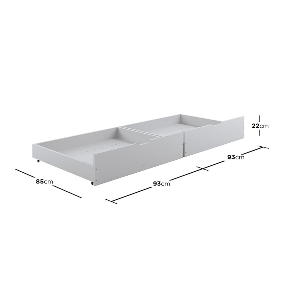 Single Solid Pine Under Bed Twin Storage Drawers in White, shown side by side with caster wheels, designed for under-bed storage, crafted from solid pine wood, featuring secure edges and air-gap handles.