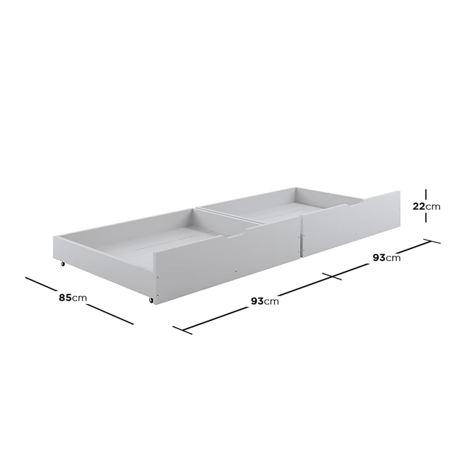 Single Solid Pine Under Bed Twin Storage Drawers in White, shown side by side with caster wheels, designed for under-bed storage, crafted from solid pine wood, featuring secure edges and air-gap handles.