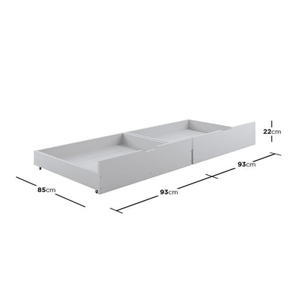Single Solid Pine Under Bed Twin Storage Drawers in White, shown side by side with caster wheels, designed for under-bed storage, crafted from solid pine wood, featuring secure edges and air-gap handles.