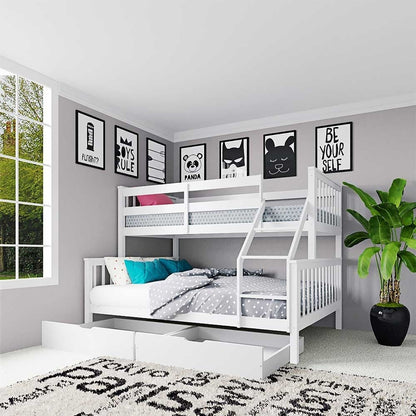 White wooden bunk-bed setup featuring Single Solid Pine Under Bed Twin Storage Drawers in White, with pull-out design, under a full-size bed in a modern children's bedroom with gray walls.