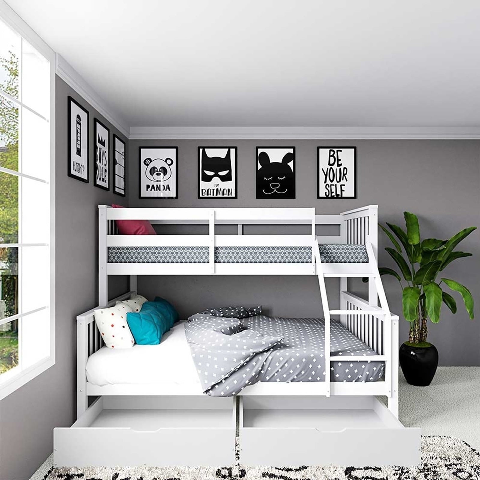 Single Solid Pine Under Bed Twin Storage Drawers in White beneath a bunk bed, featuring pull-out design and safe edges, complementing a modern, kid-friendly bedroom with framed prints and a plush rug.