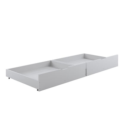 Single Solid Pine Under Bed Twin Storage Drawers in White with caster wheels, designed for a Single Timber Bed. Features secure edges, air gap handle, and smooth finish for practical under-bed storage.