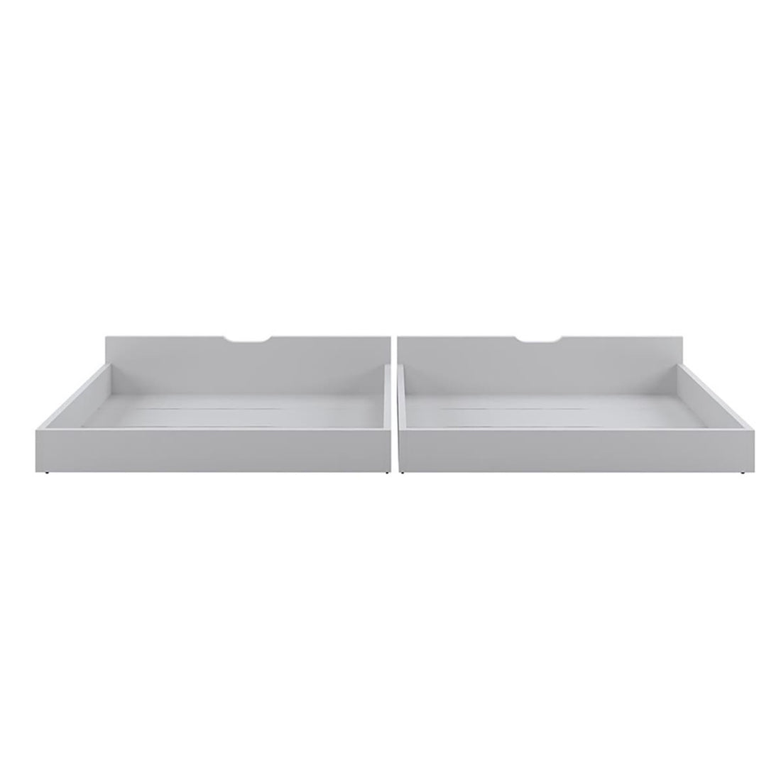 Single Solid Pine Under Bed Twin Storage Drawers in White, featuring shallow rectangular design with semicircular cutout handles, ideal for discreet under-bed storage, enhancing bedroom organization and accessibility.