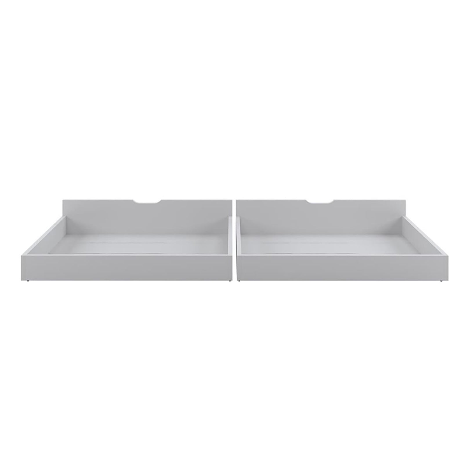 Single Solid Pine Under Bed Twin Storage Drawers in White, featuring shallow rectangular design with semicircular cutout handles, ideal for discreet under-bed storage, enhancing bedroom organization and accessibility.