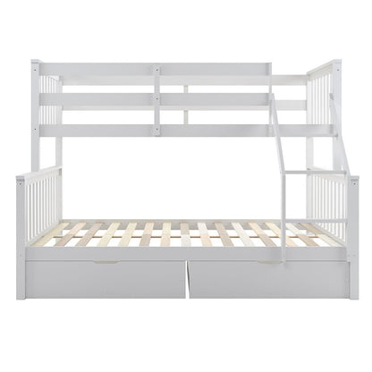 White wooden bunk bed frame with twin upper bunk over full lower bunk, featuring slatted bases and a right-side ladder. Below, Single Solid Pine Under Bed Twin Storage Drawers in White offer additional storage.