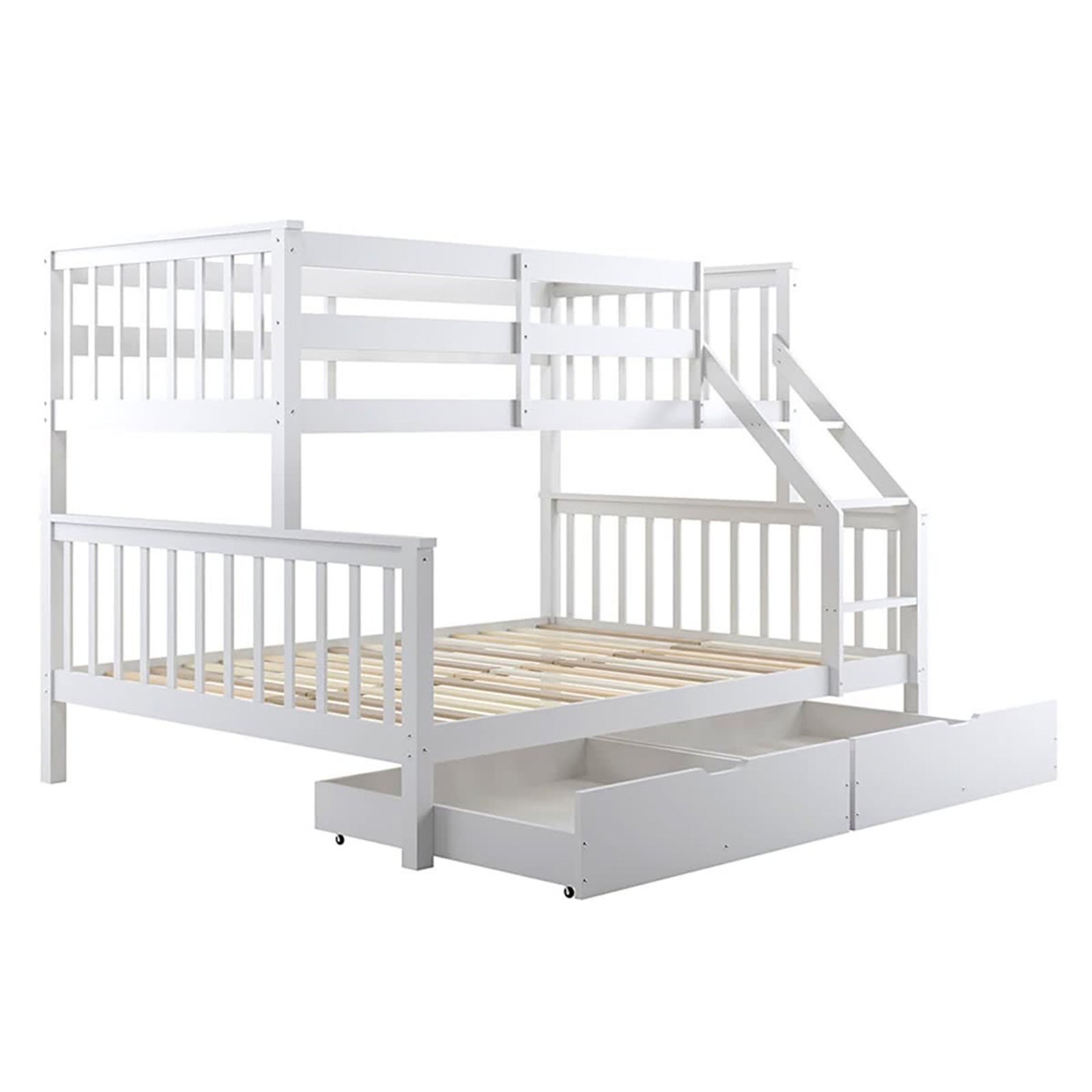 White wooden bunk bed with a twin loft, full-size lower bed, integrated ladder, and two pull-out storage drawers. Features Single Solid Pine Under Bed Twin Storage Drawers in White for added organization.
