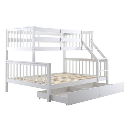 White wooden bunk bed with a twin loft, full-size lower bed, integrated ladder, and two pull-out storage drawers. Features Single Solid Pine Under Bed Twin Storage Drawers in White for added organization.