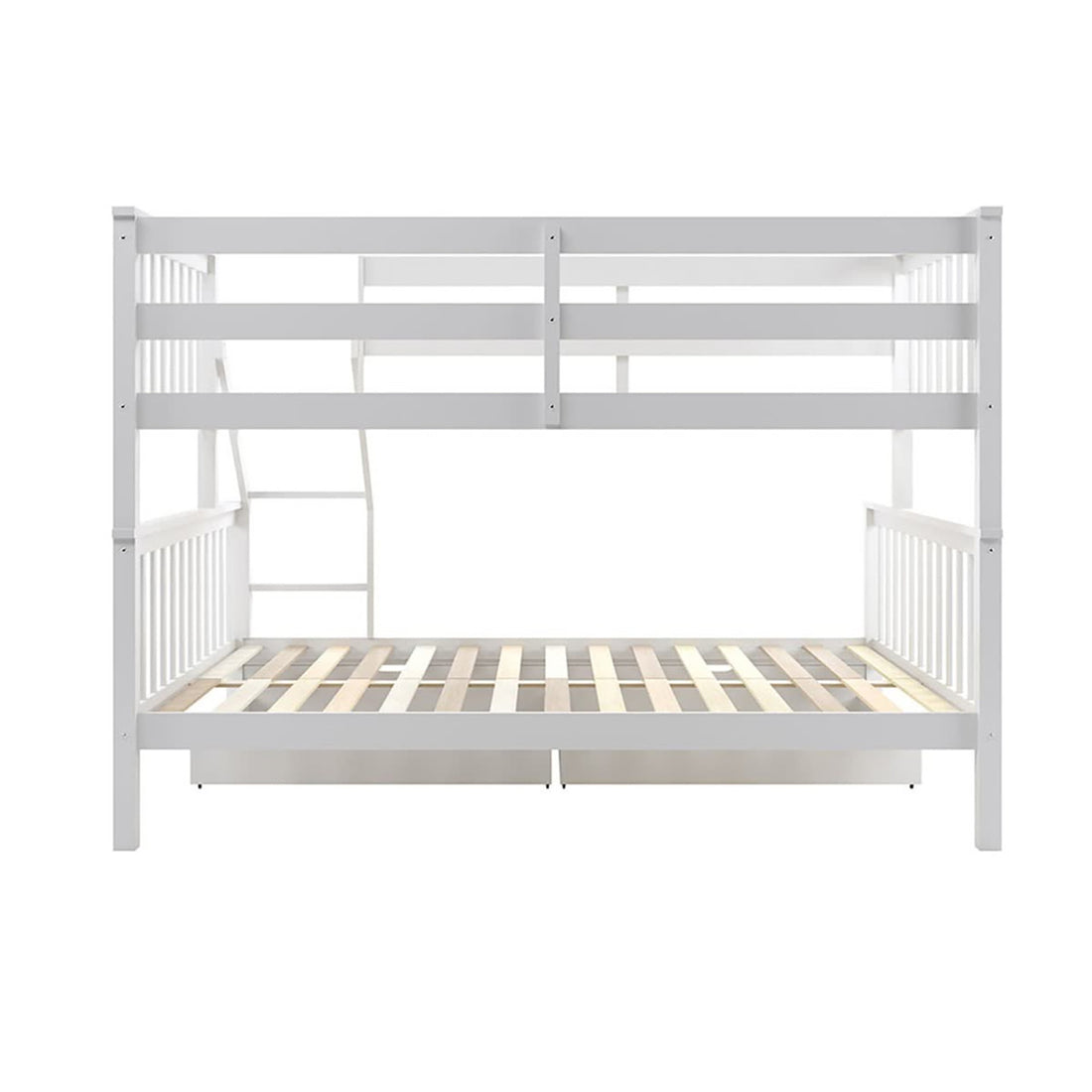 White wooden bunk bed frame with twin-size upper bunk over larger lower bunk, featuring integrated ladder, guard rails, and two Single Solid Pine Under Bed Twin Storage Drawers, enhancing bedroom organization.