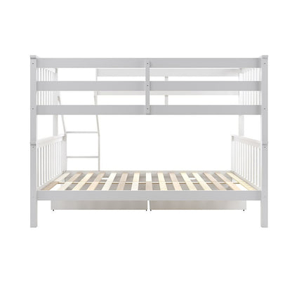 White wooden bunk bed frame with twin-size upper bunk over larger lower bunk, featuring integrated ladder, guard rails, and two Single Solid Pine Under Bed Twin Storage Drawers, enhancing bedroom organization.
