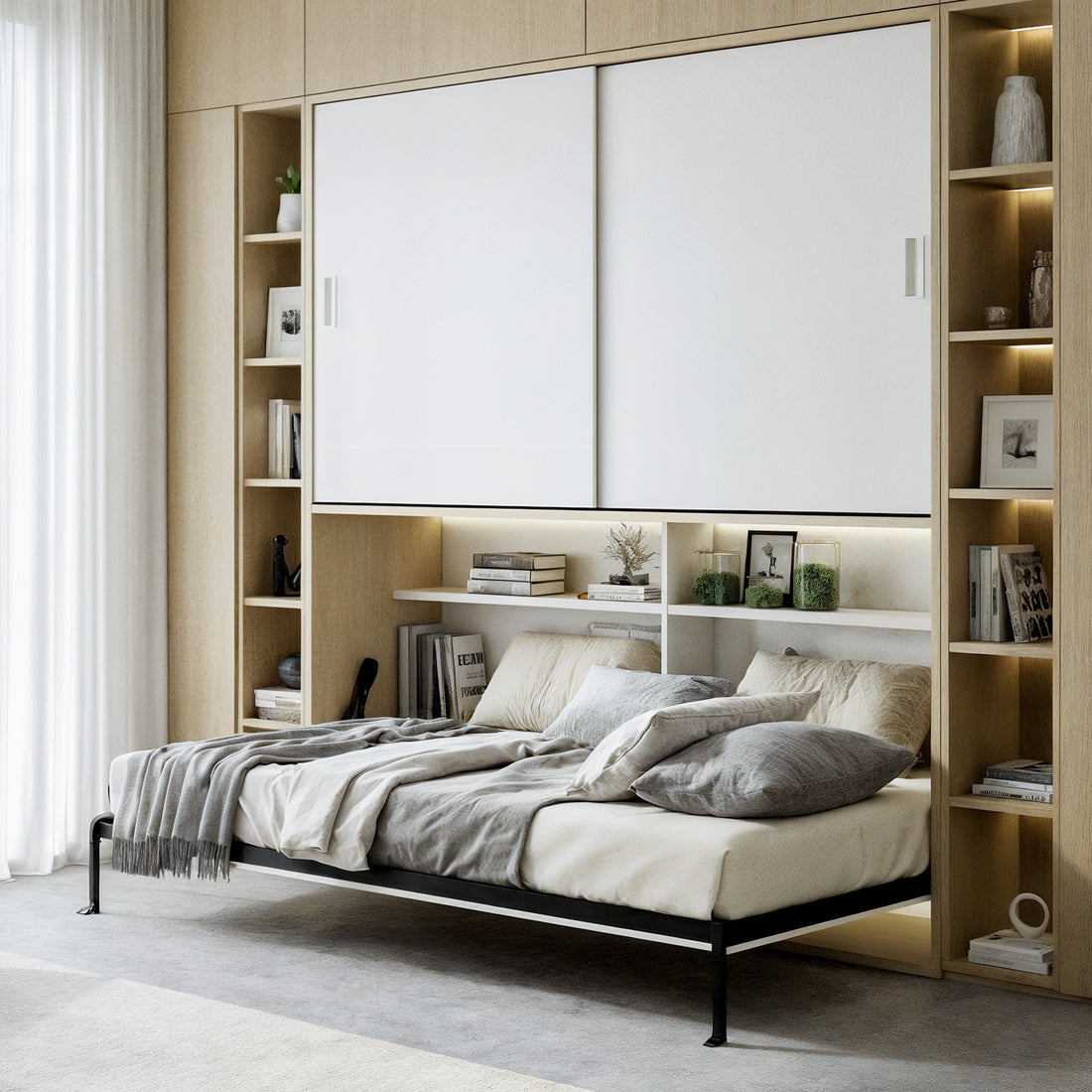 Veda & Cybele Single Wall Bed & Mattress Package in White, featuring a foldout metal-framed bed with neutral linens, integrated shelving, and storage, highlighted by sleek cabinetry and minimalist design elements.