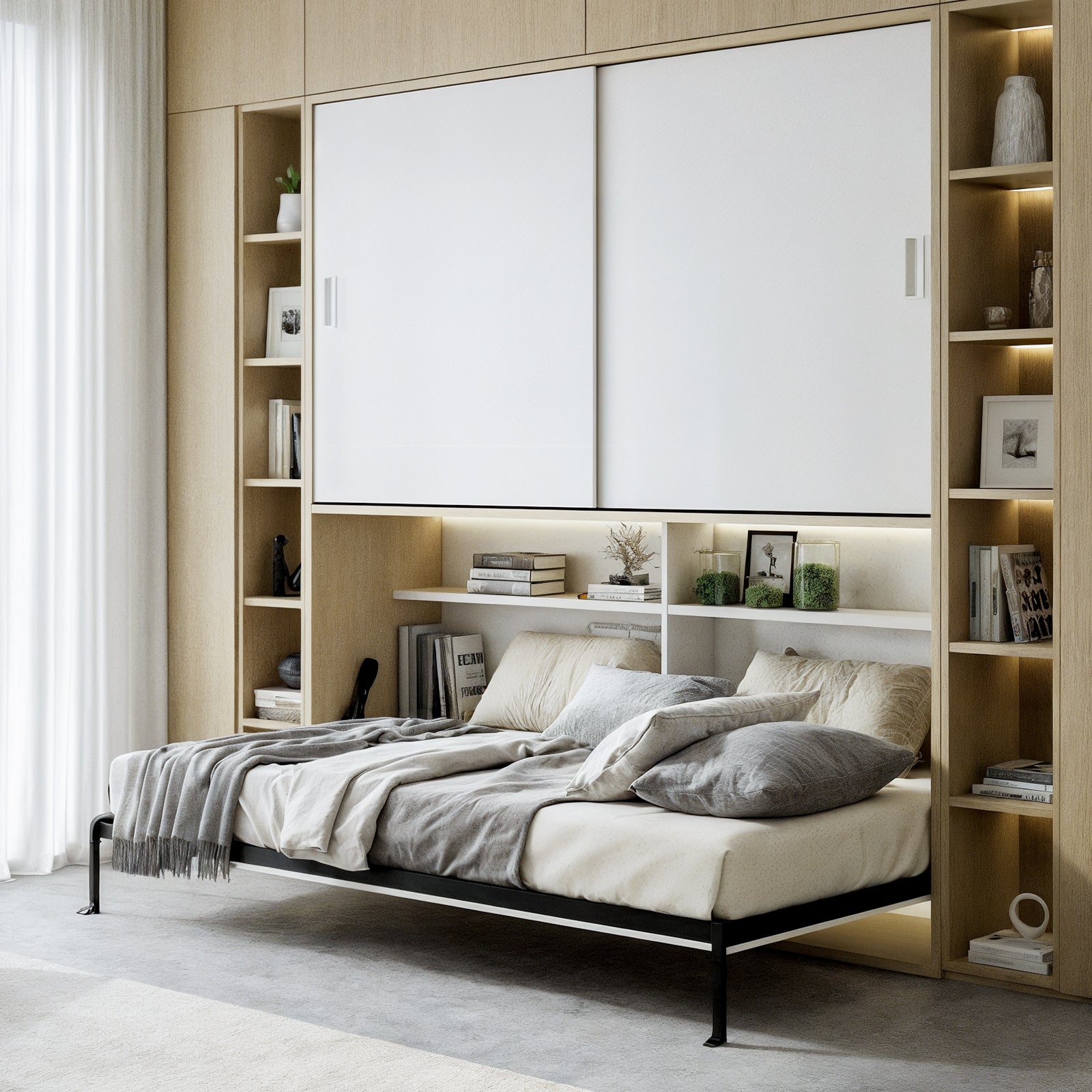Veda & Cybele Single Wall Bed & Mattress Package in White, featuring a foldout metal-framed bed with neutral linens, integrated shelving, and storage, highlighted by sleek cabinetry and minimalist design elements.
