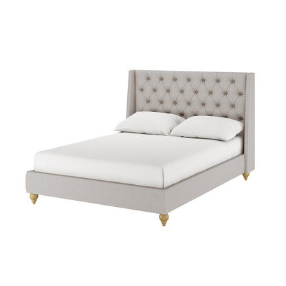 Vilania Tufted Fabric Bed Frame - Double - Grey, showcasing its plush tufted headboard and sturdy wood frame, highlighted on a bed with a white pillow, emphasizing modern elegance and comfort.