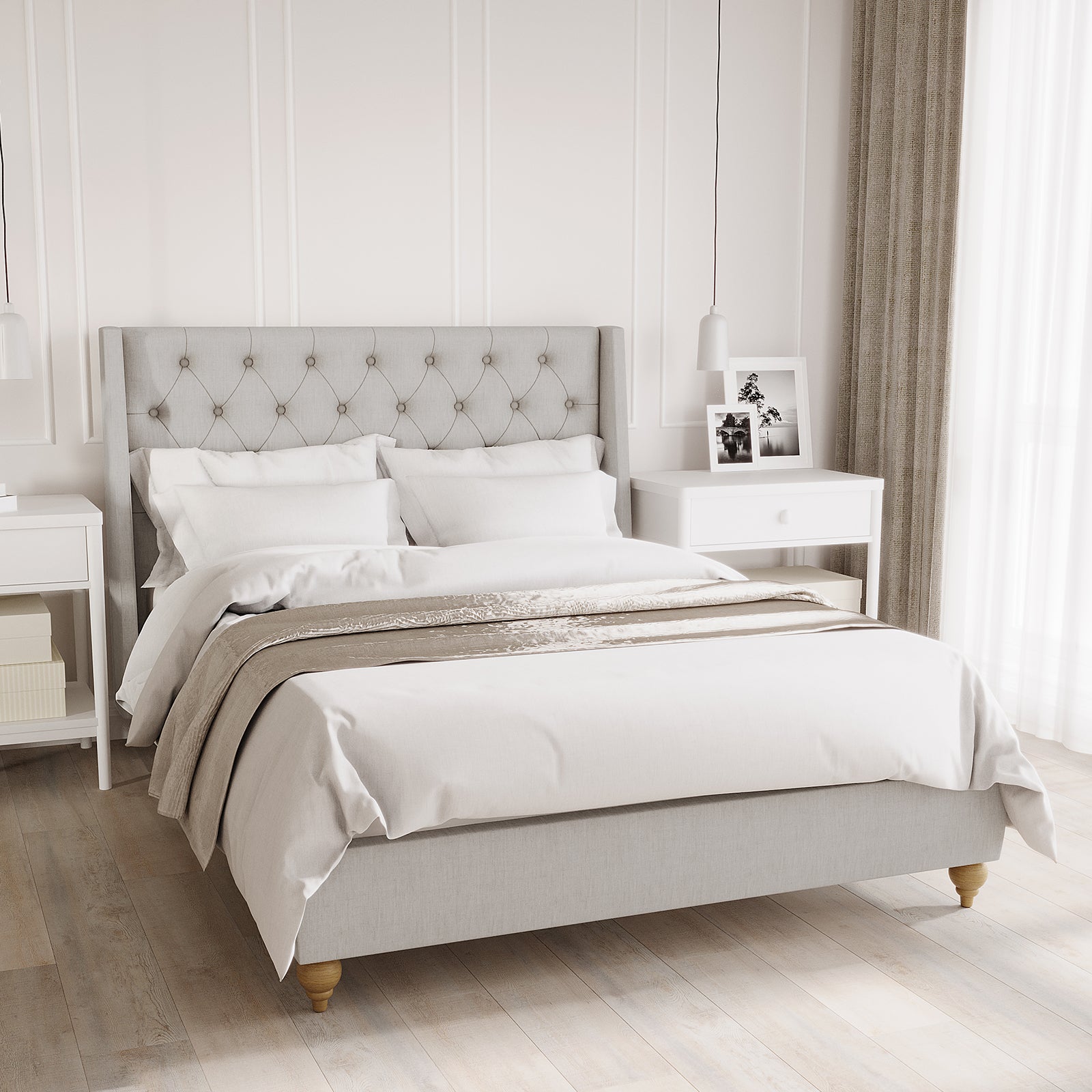 Vilania Tufted Fabric Bed Frame - Double - Grey with a plush tufted headboard, solid wood frame, and low-profile design, displayed with bedding and pillows, emphasizing its modern elegance and functionality.
