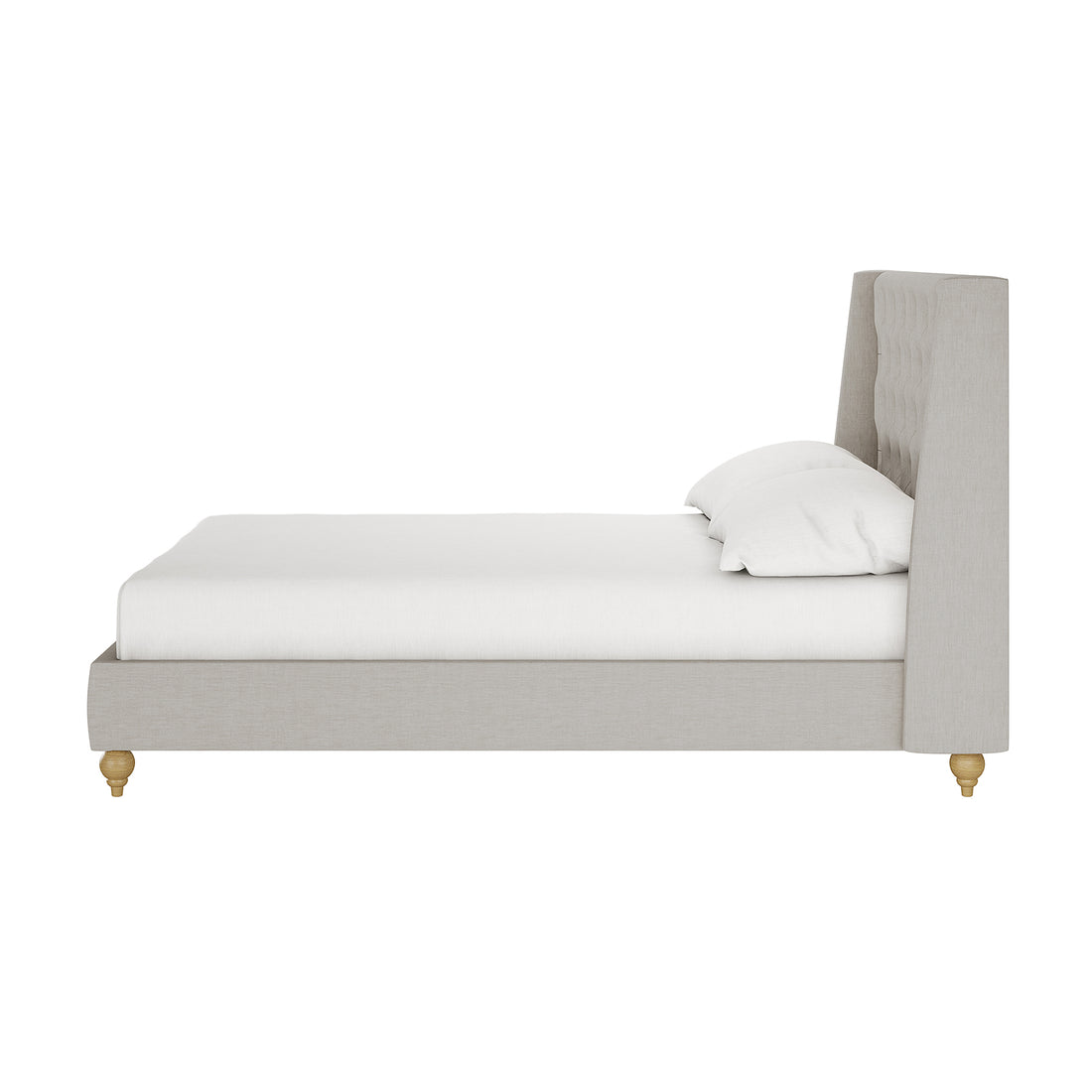 Vilania Tufted Fabric Bed Frame - Double - Grey features a plush tufted headboard, low-profile design, and solid wood frame supporting white sheets and pillows.