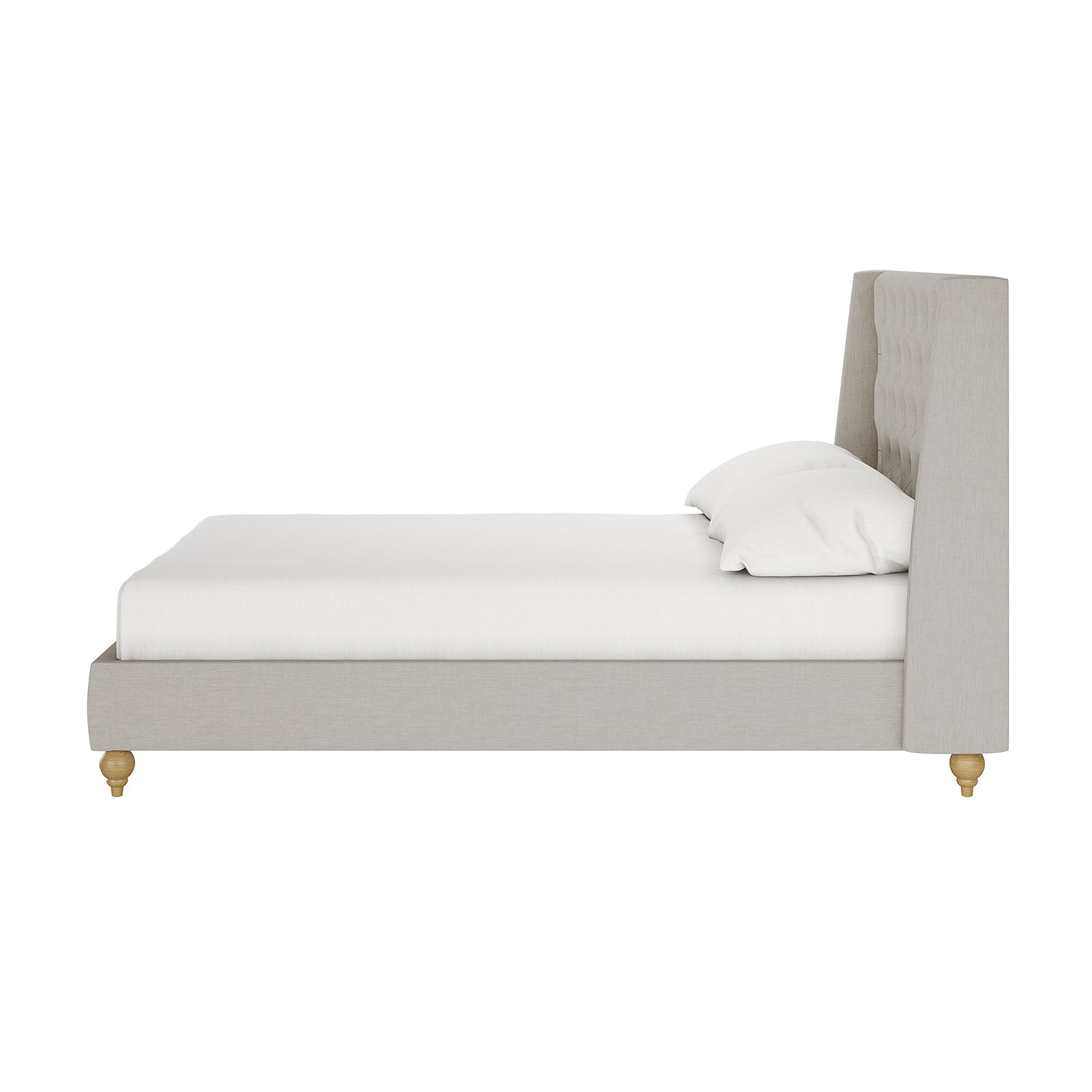 Vilania Tufted Fabric Bed Frame - Double - Grey features a plush tufted headboard, low-profile design, and solid wood frame supporting white sheets and pillows.
