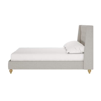Vilania Tufted Fabric Bed Frame - Double - Grey features a plush tufted headboard, low-profile design, and solid wood frame supporting white sheets and pillows.