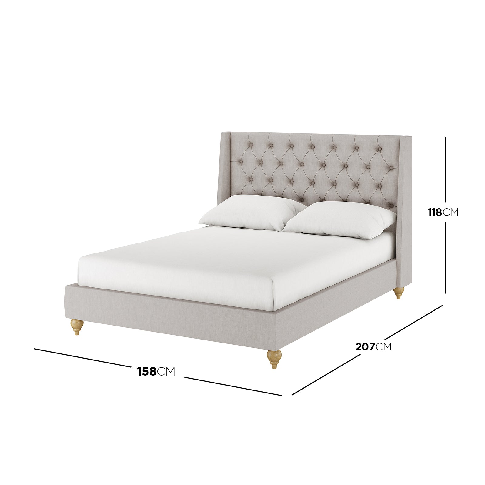 Vilania Tufted Fabric Bed Frame - Double - Grey displayed on a bed, emphasizing its elegant tufted headboard and sturdy construction, with a white pillow placed on the bed for visual context.