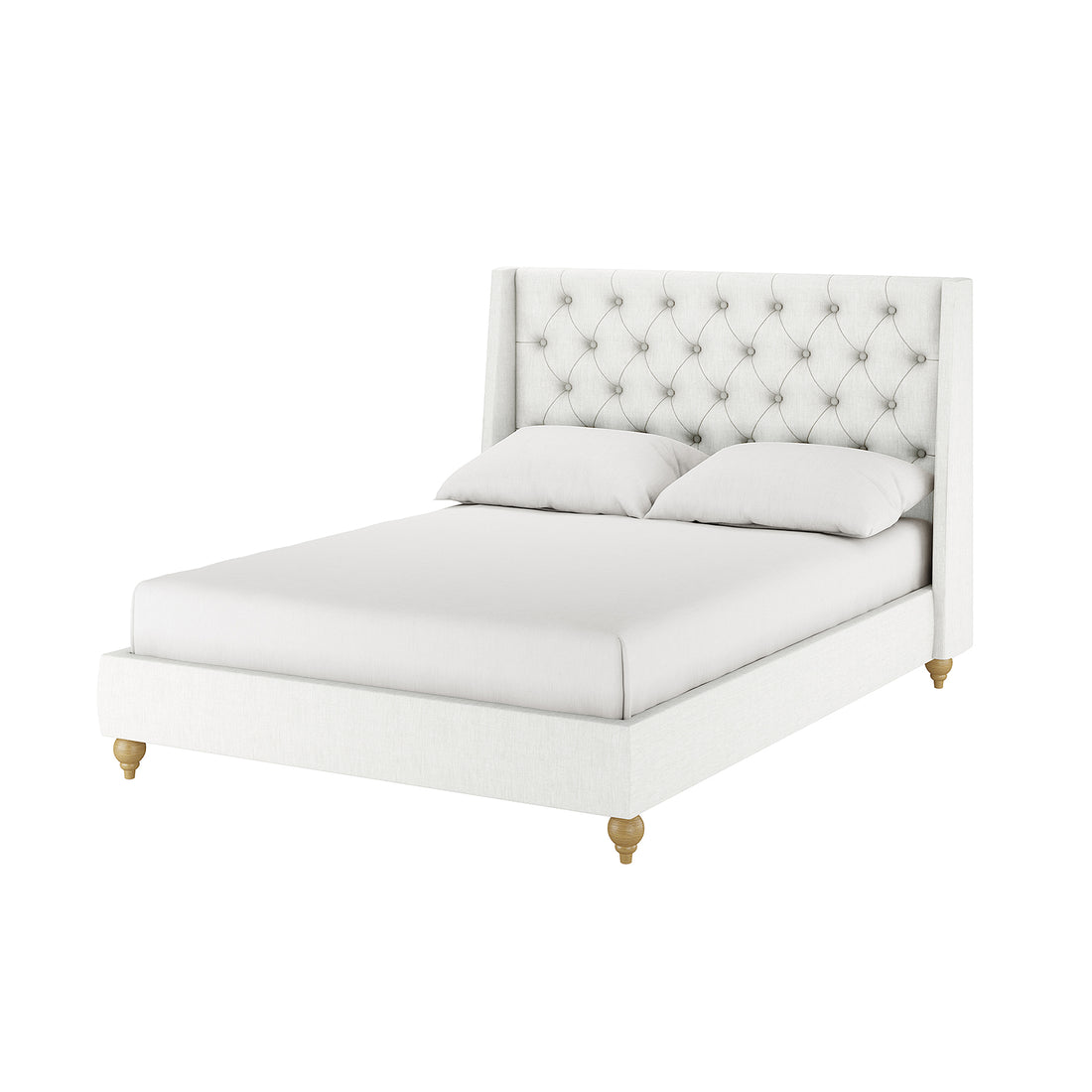 Vilania Tufted Fabric Bed Frame - Double - Off White features a tufted headboard, upholstered in white fabric, on a solid wood frame with turned legs, dressed with a fitted sheet and pillows.