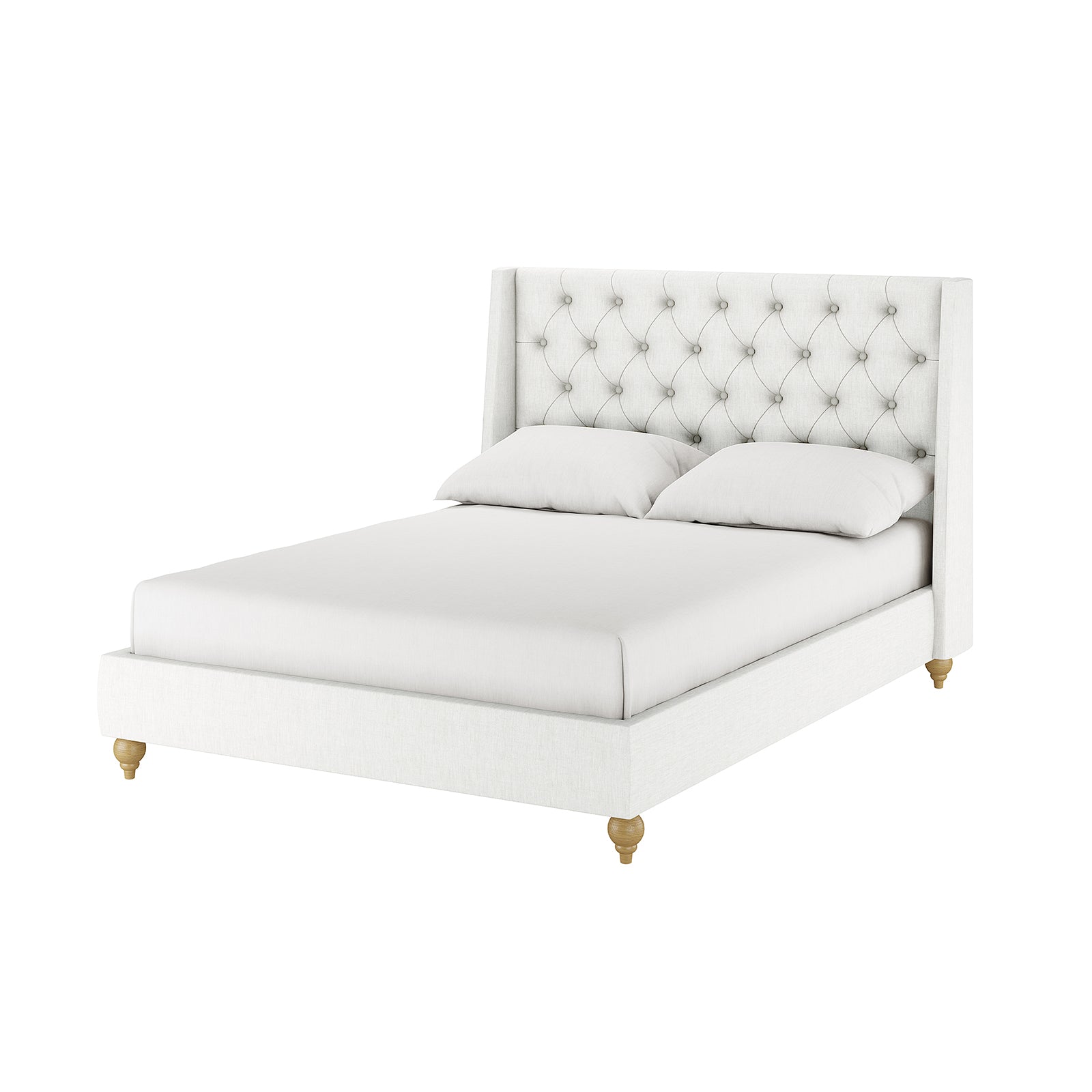 Vilania Tufted Fabric Bed Frame - Double - Off White features a tufted headboard, upholstered in white fabric, on a solid wood frame with turned legs, dressed with a fitted sheet and pillows.
