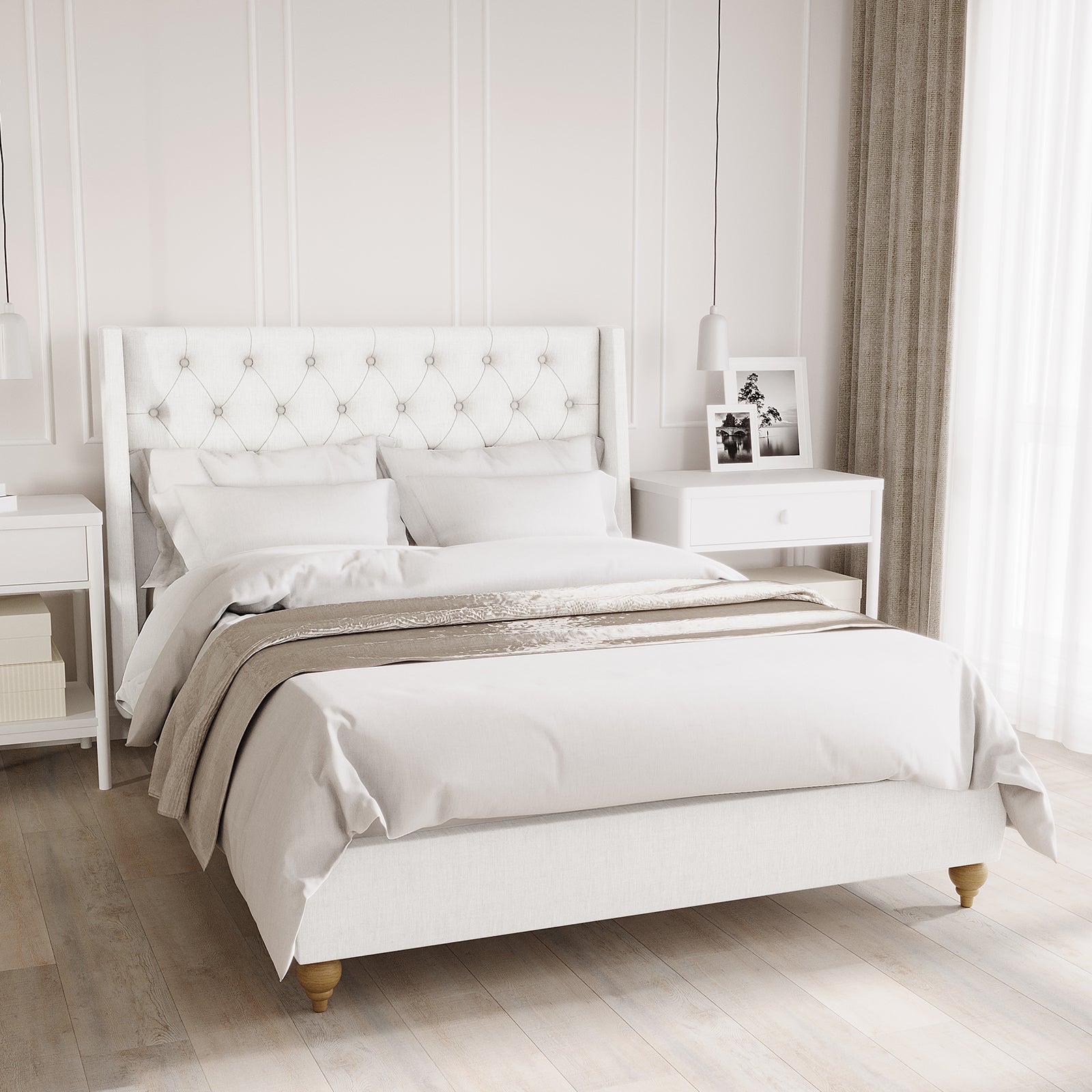 Vilania Tufted Fabric Bed Frame - Double - Off White, featuring a tufted headboard, upholstered in off-white fabric, styled with white linens and a taupe throw, set in a serene, minimalist bedroom.