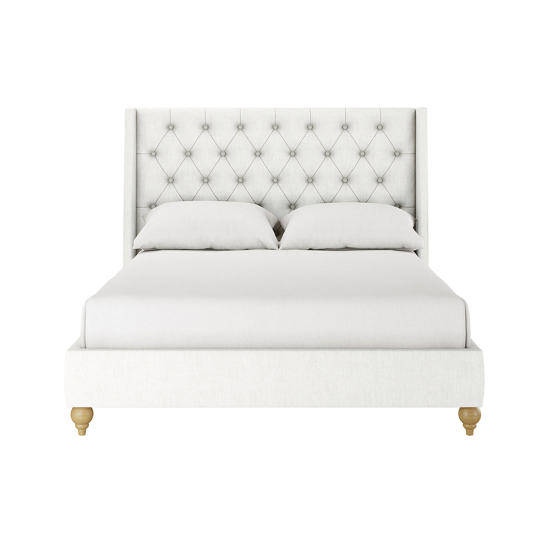 Vilania Tufted Fabric Bed Frame - Double - Off White features a tall, tufted headboard, light fabric upholstery, and turned wooden legs, with matching bedding and pillows.