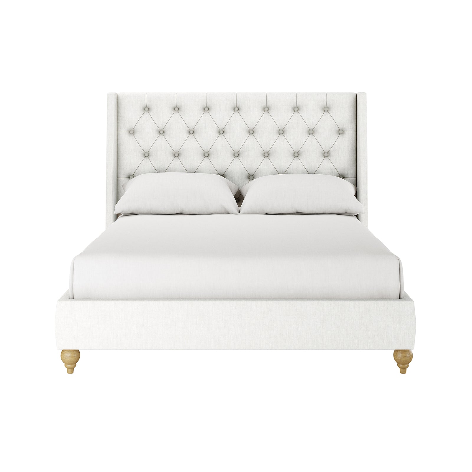 Vilania Tufted Fabric Bed Frame - Double - Off White features a tall, tufted headboard, light fabric upholstery, and turned wooden legs, with matching bedding and pillows.