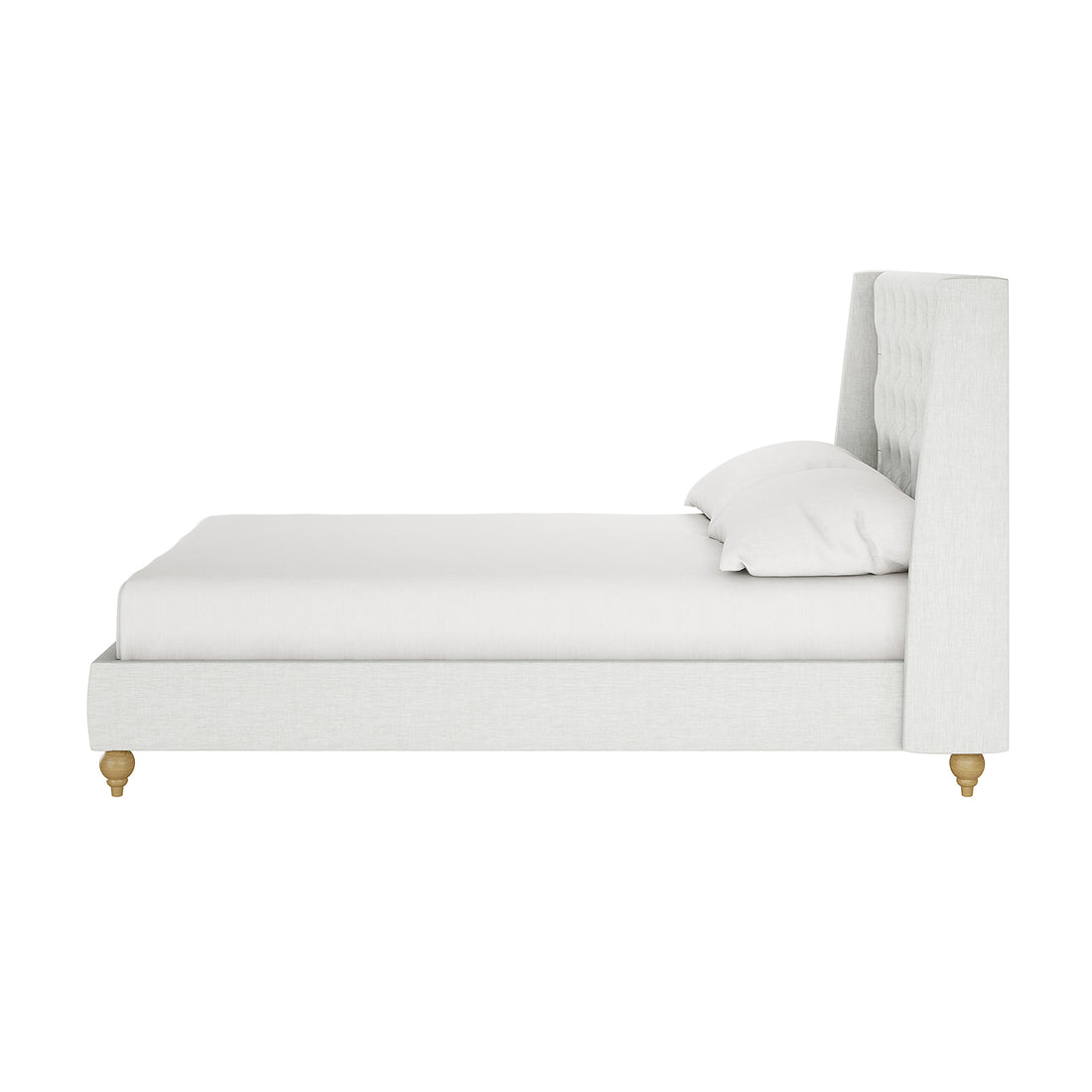 Vilania Tufted Fabric Bed Frame - Double, showcasing a side view with an off-white tufted headboard, low platform base, two matching pillows, and small wooden legs, emphasizing elegance and comfort.