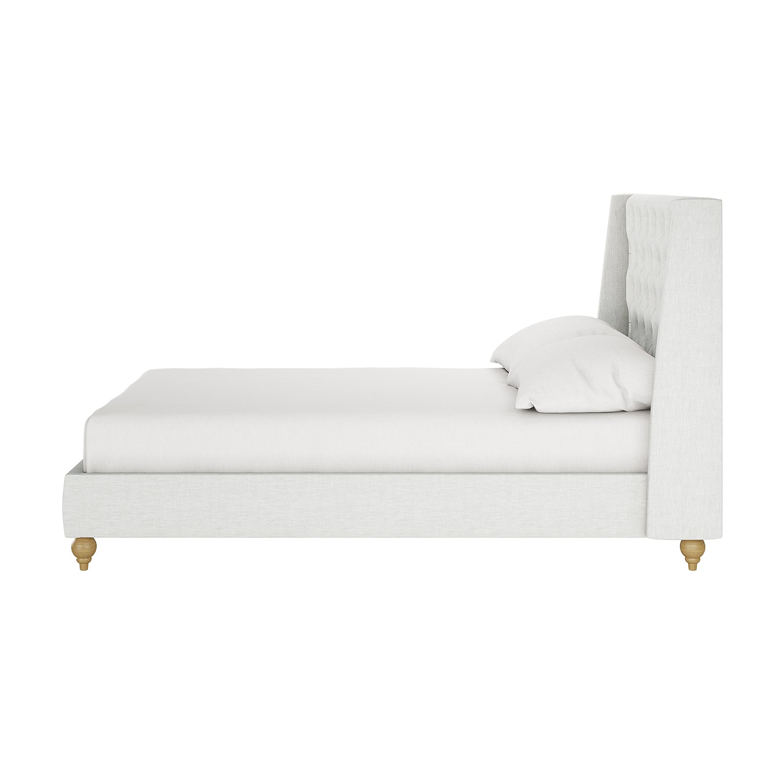 Vilania Tufted Fabric Bed Frame - Double, showcasing a side view with an off-white tufted headboard, low platform base, two matching pillows, and small wooden legs, emphasizing elegance and comfort.