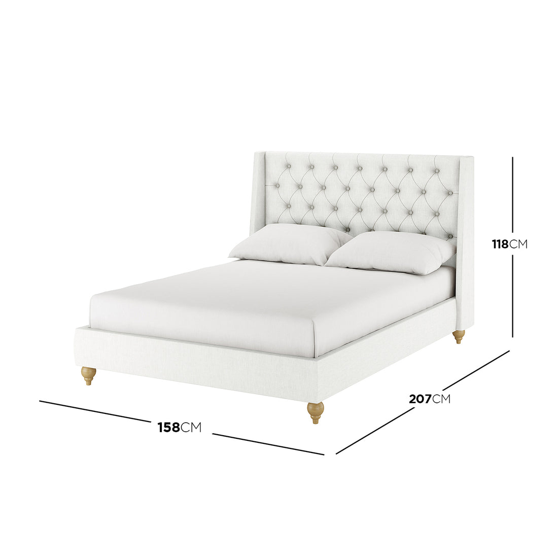 Vilania Tufted Fabric Bed Frame - Double - Off White features a tall, button-tufted headboard with winged sides, a low platform, and turned-wood feet, offering classic elegance and ergonomic support.