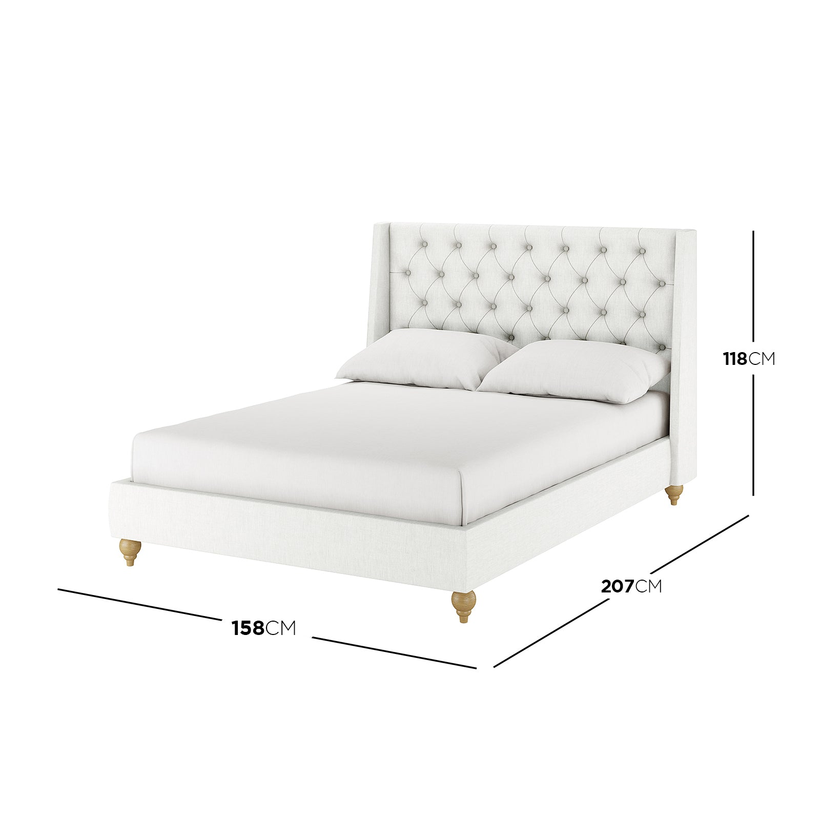 Vilania Tufted Fabric Bed Frame - Double - Off White features a tall, button-tufted headboard with winged sides, a low platform, and turned-wood feet, offering classic elegance and ergonomic support.