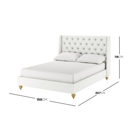 Vilania Tufted Fabric Bed Frame - Double - Off White features a tall, button-tufted headboard with winged sides, a low platform, and turned-wood feet, offering classic elegance and ergonomic support.