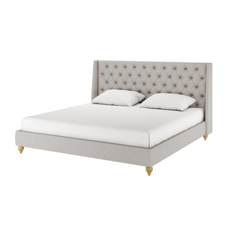 Vilania Tufted Fabric Bed Frame - King - Grey, featuring a tufted headboard and cushioned design, shown without mattress or pillows, emphasizing its elegant structure and plush upholstery.