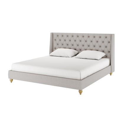 Vilania Tufted Fabric Bed Frame - King - Grey, featuring a tufted headboard and cushioned design, shown without mattress or pillows, emphasizing its elegant structure and plush upholstery.