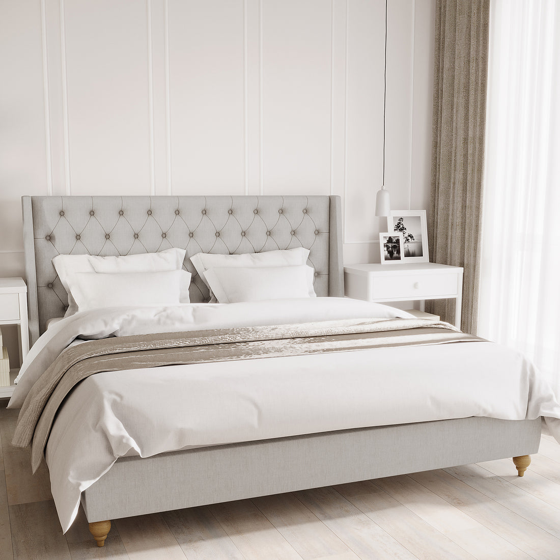 Vilania Tufted Fabric Bed Frame - King - Grey features a tufted headboard, solid wood frame, and low-profile design, shown with a white pillow on a bed, emphasizing luxury and durability.