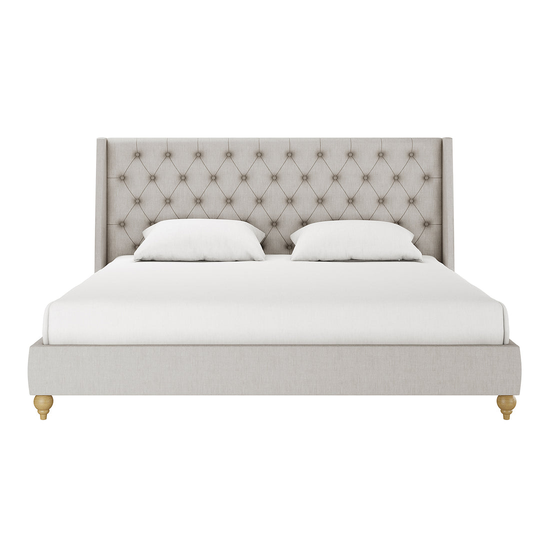 Vilania Tufted Fabric Bed Frame in King size, showcasing its plush grey upholstery and elegantly tufted headboard, set in a stylish bedroom with pillows arranged on the bed.