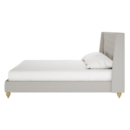 Vilania Tufted Fabric Bed Frame - King - Grey, featuring a plush, tufted headboard and elegant design, showcased with white sheets and pillows, highlighting its luxurious appeal and sturdy construction.