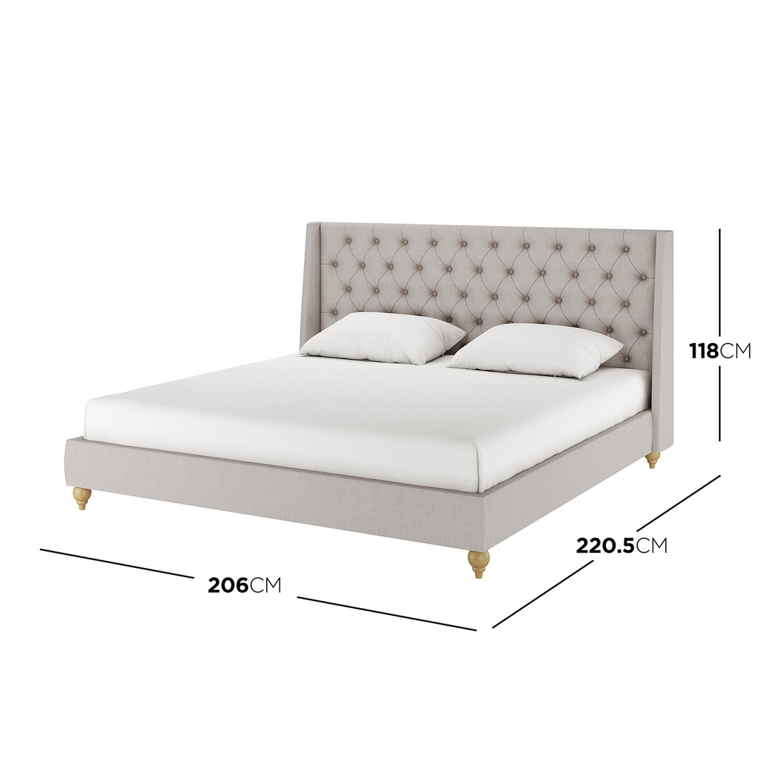 Vilania Tufted Fabric Bed Frame - King - Grey, showcasing an elegant tufted headboard and solid wood frame, is displayed with a white pillow on a bed, emphasizing its luxurious design and craftsmanship.