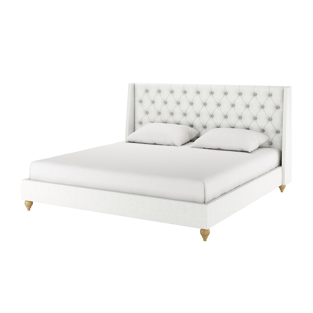 Vilania Tufted Fabric Bed Frame - King - Off White featuring a tufted wing-back headboard, short turned wooden legs, and a clean, contemporary design with two white pillows on the mattress.